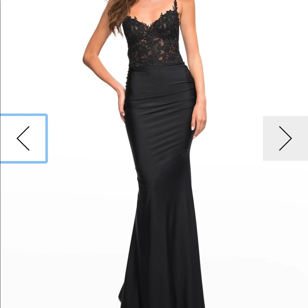 La Femme lace bodice ruched mermaid gown
